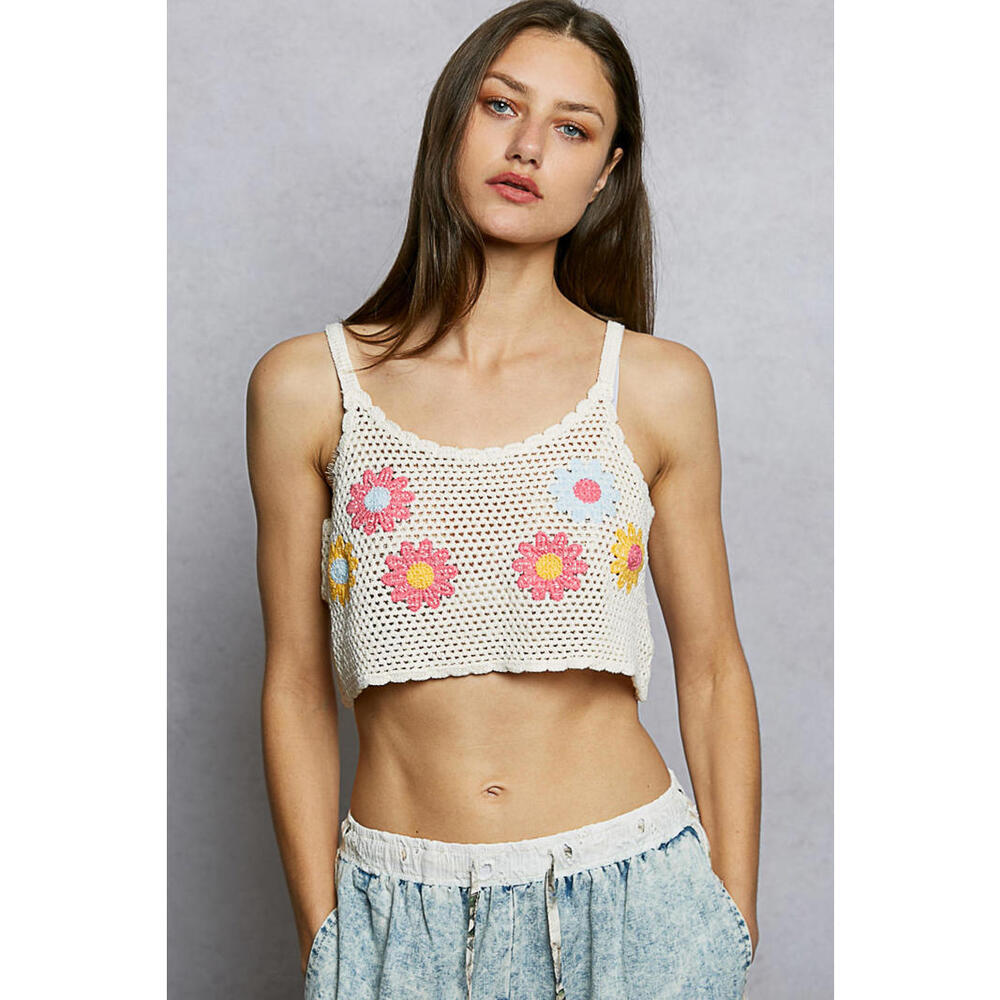 POL U-Neck Cropped Crochet Cami with Floral Embroidered OSFM